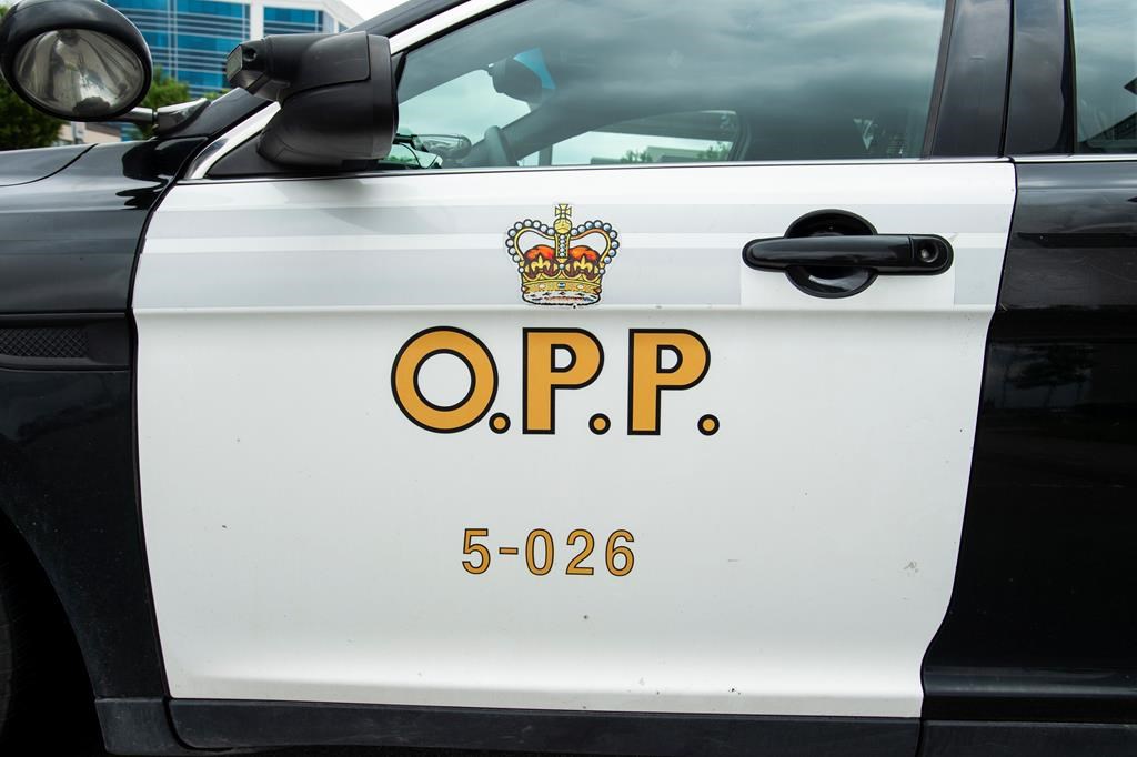 An Ontario Provincial Police cruiser sits outside of a press conference in Vaughan, Ont., on June 20, 2019.